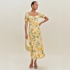 Reformation Yellow Floral Square-Neck Midi Dress